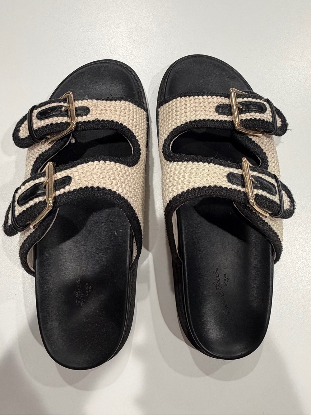 Woven Two-Buckle Slide Sandals in Cream and Black